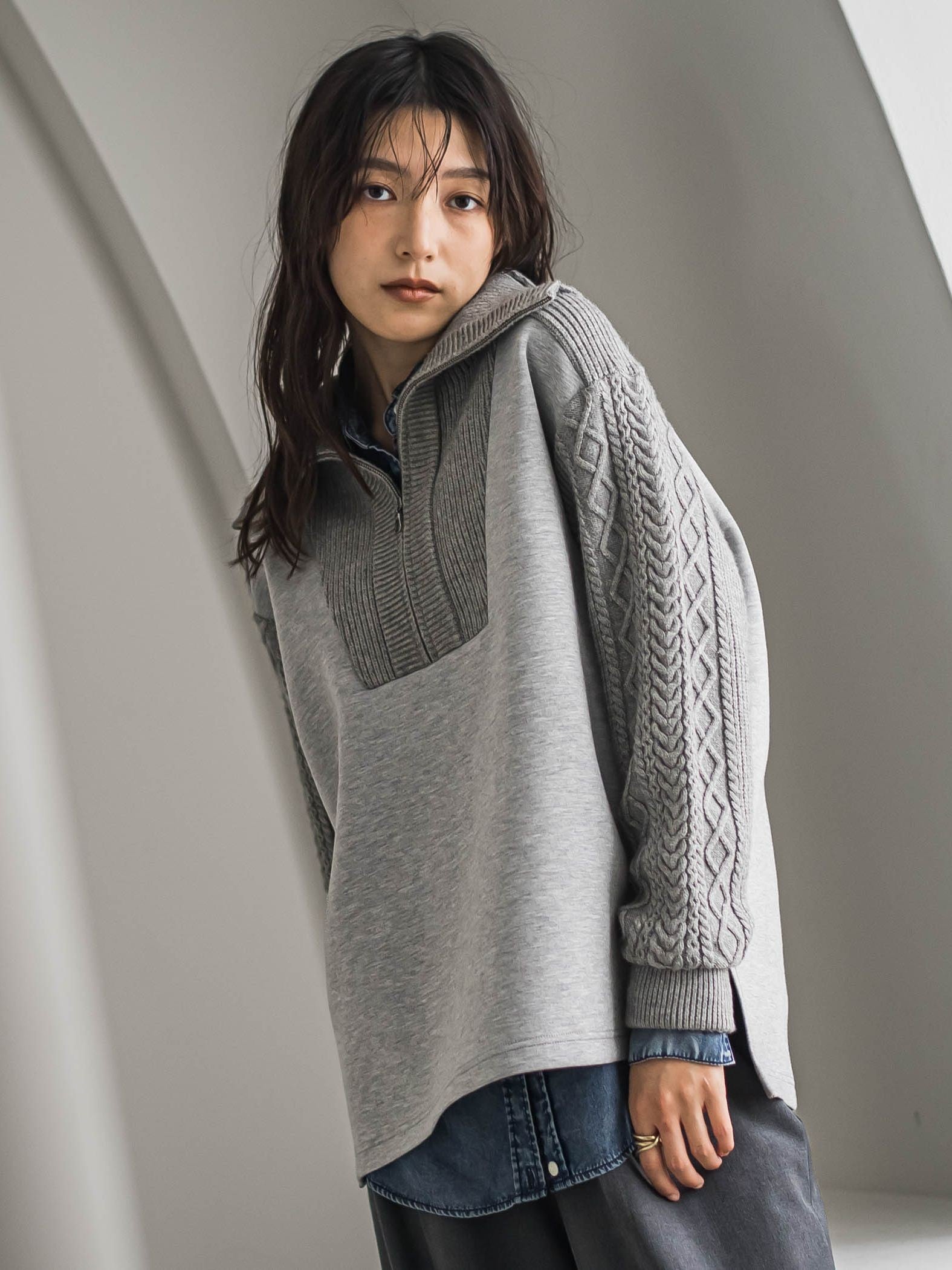 【40周年限定】ケーブルニットスリーブハーフZIPダンボールプルオーバー