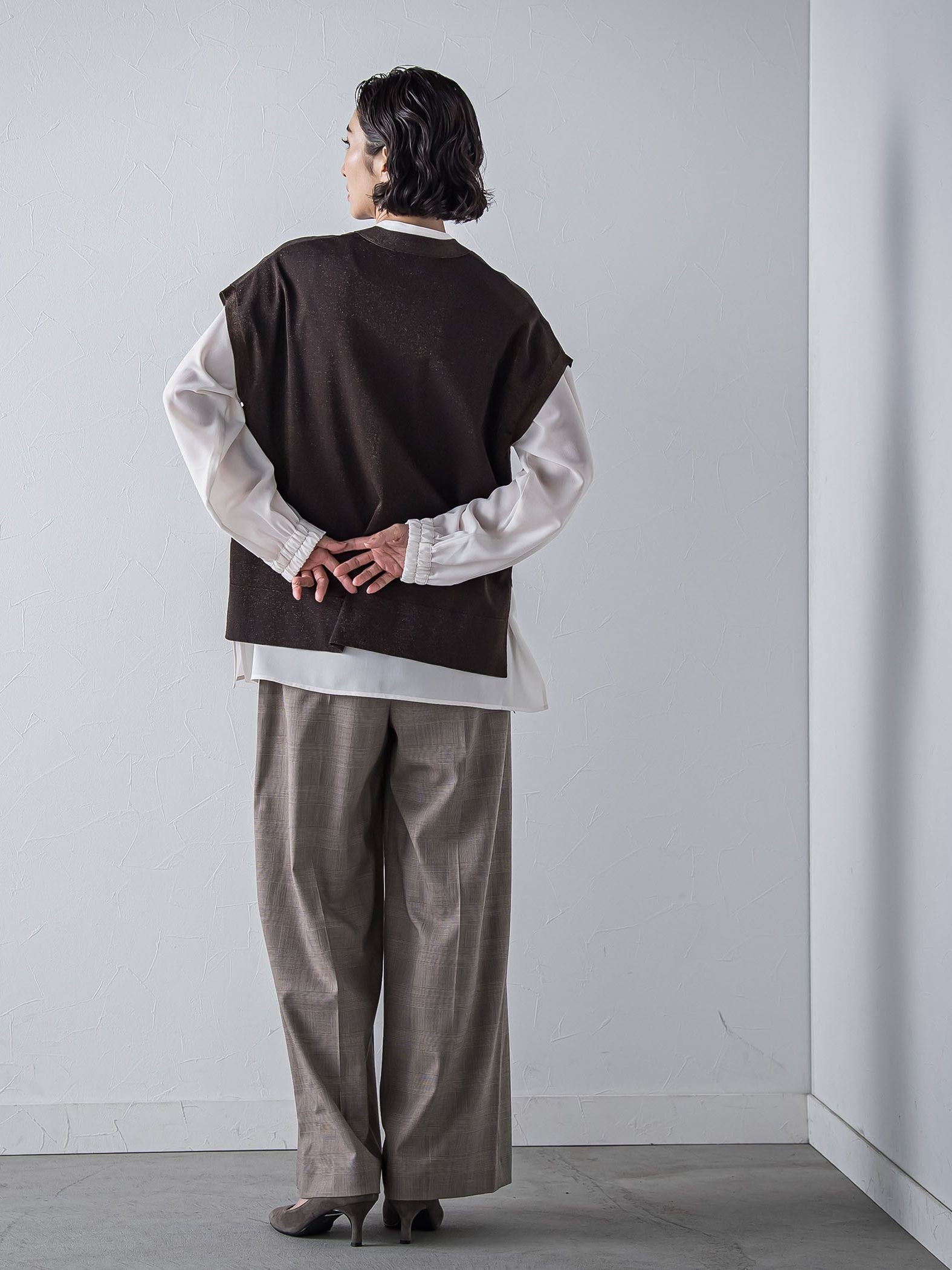 【大きいサイズ】”一枚でもレイヤードにも”ラメニットジレ≪手洗い可能≫