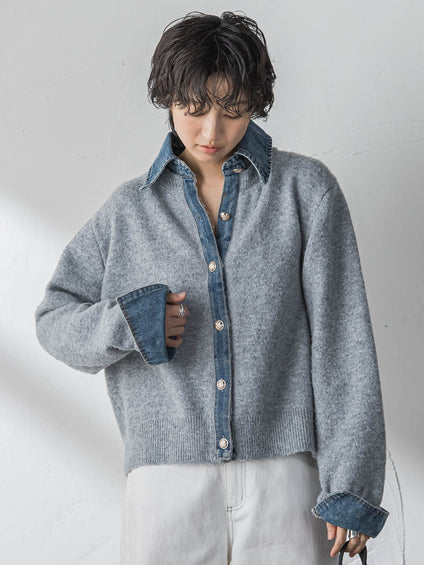【新色追加】デニムレイヤード風カーディガン≪手洗い可能≫