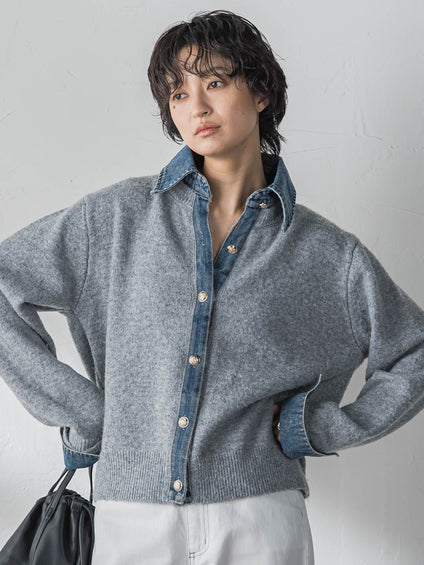【新色追加】デニムレイヤード風カーディガン≪手洗い可能≫