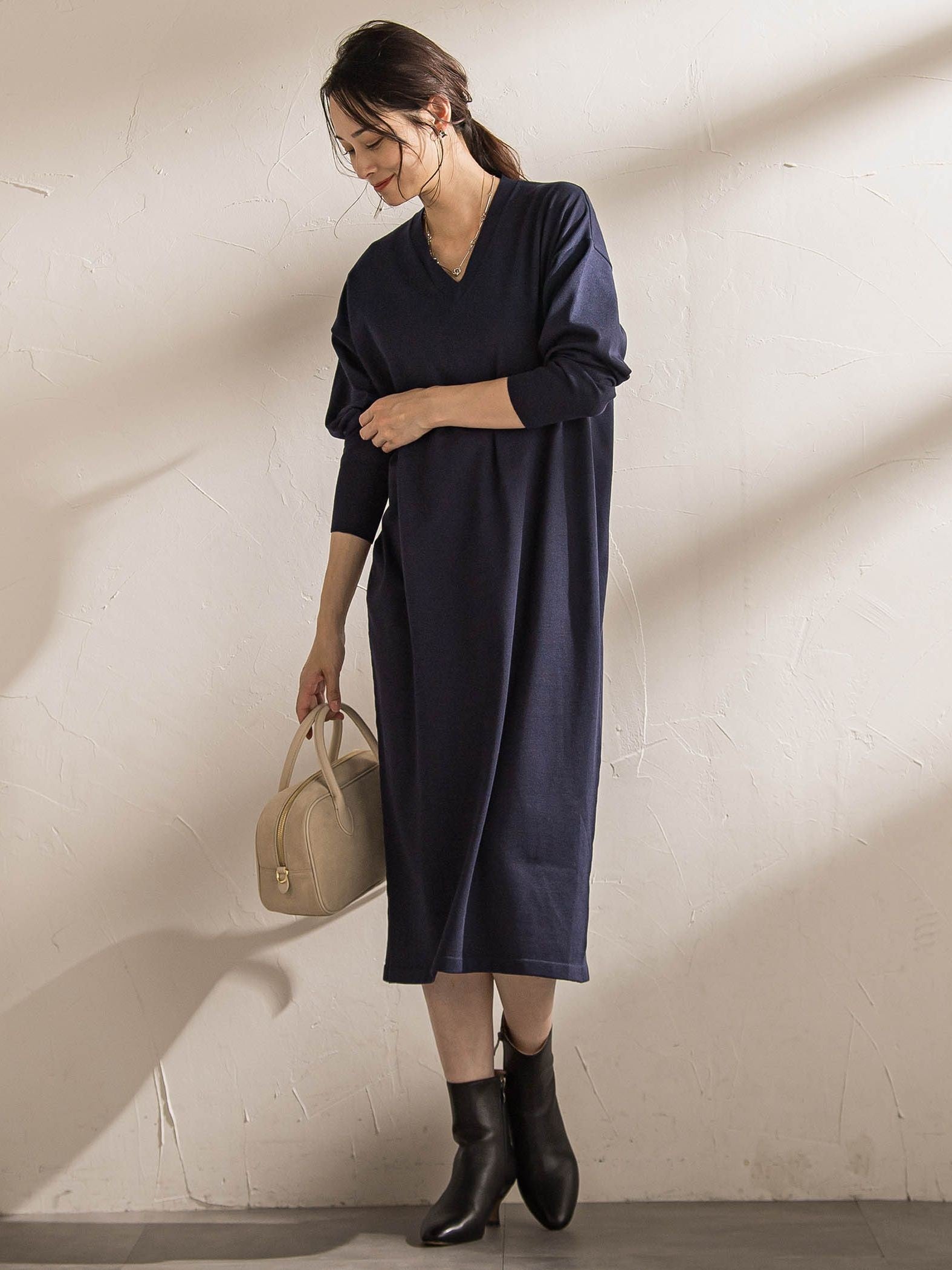 【WEB限定】Vネックニットワンピース≪丈長めあり/手洗い可能≫