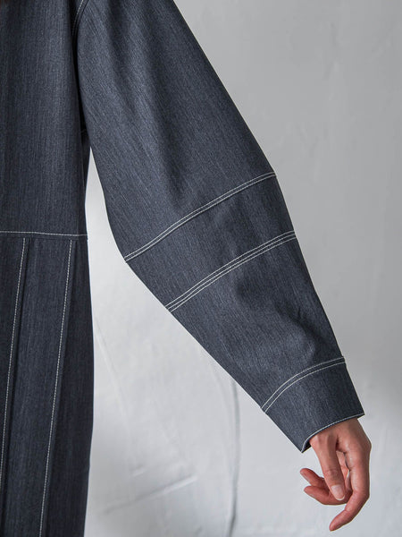 配色ステッチシャンブレーサイドプリーツワンピース≪手洗い可能≫