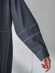 配色ステッチシャンブレーサイドプリーツワンピース≪手洗い可能≫