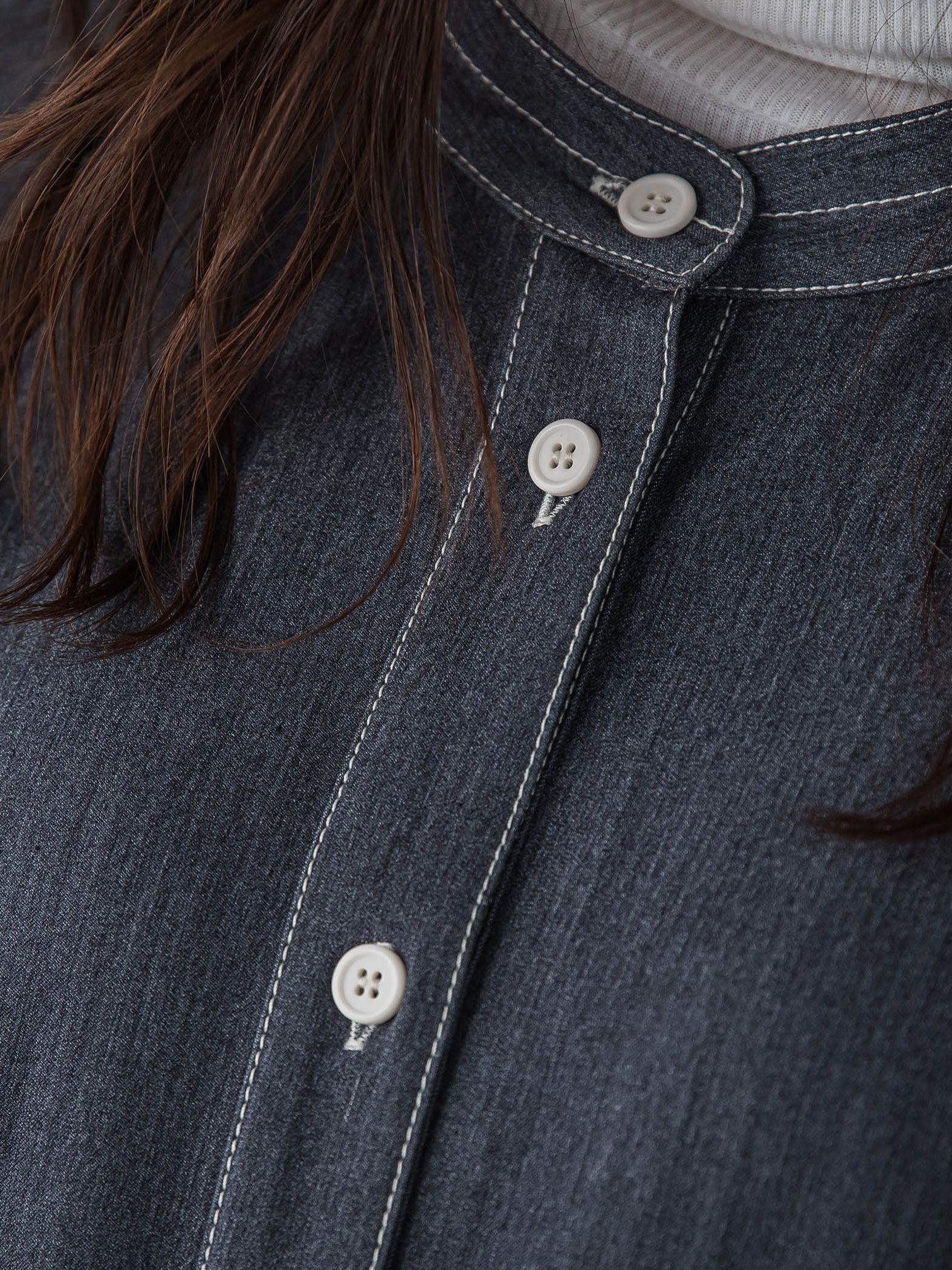 配色ステッチシャンブレーサイドプリーツワンピース≪手洗い可能≫