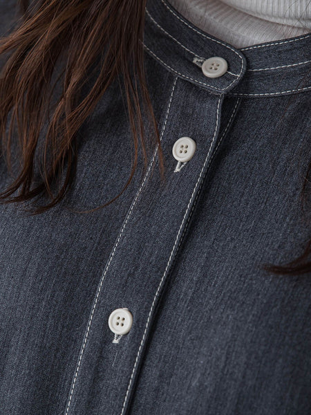 配色ステッチシャンブレーサイドプリーツワンピース≪手洗い可能≫