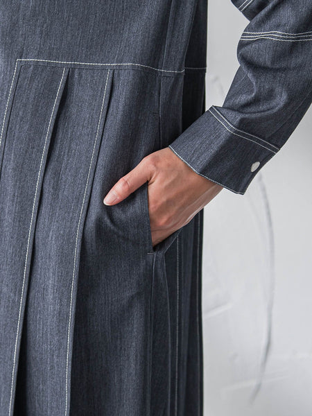 配色ステッチシャンブレーサイドプリーツワンピース≪手洗い可能≫