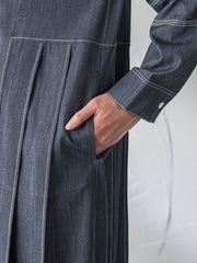 配色ステッチシャンブレーサイドプリーツワンピース≪手洗い可能≫