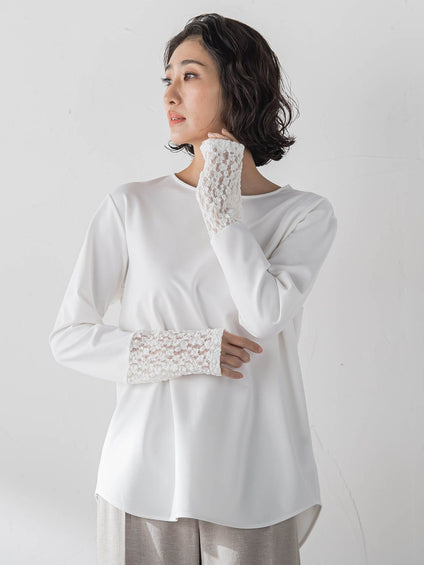 袖口レース切替カットソー