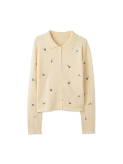 フラワー刺繍ポロニットトップス