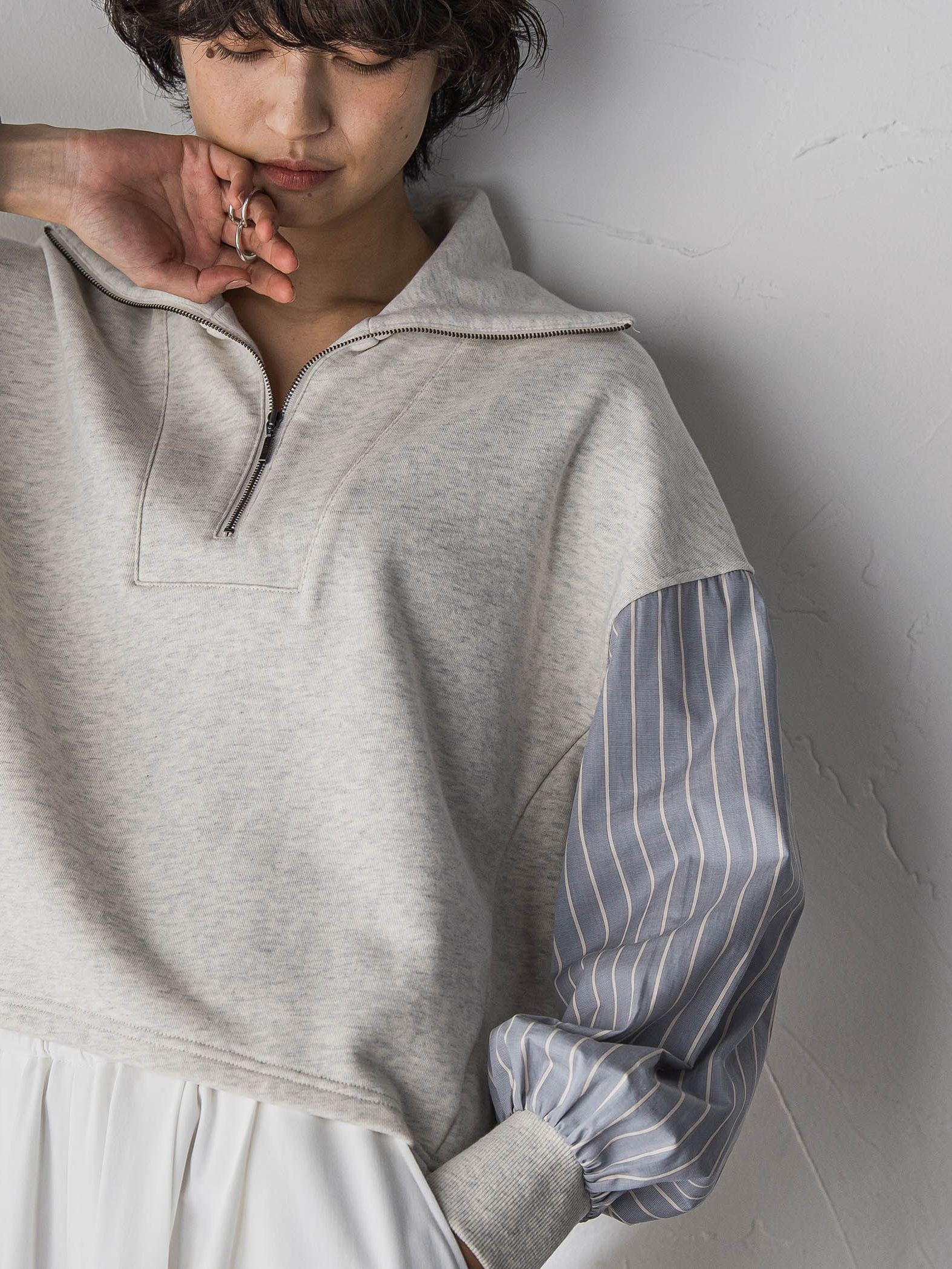 ストライプスリーブハーフジッププルオーバー≪手洗い可能≫