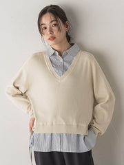 【WEB限定】Vネックブラウス切替えプルオーバー≪手洗い可能≫