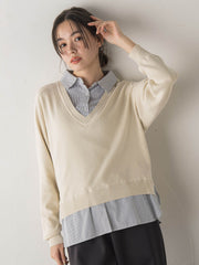 【WEB限定】Vネックブラウス切替えプルオーバー≪手洗い可能≫