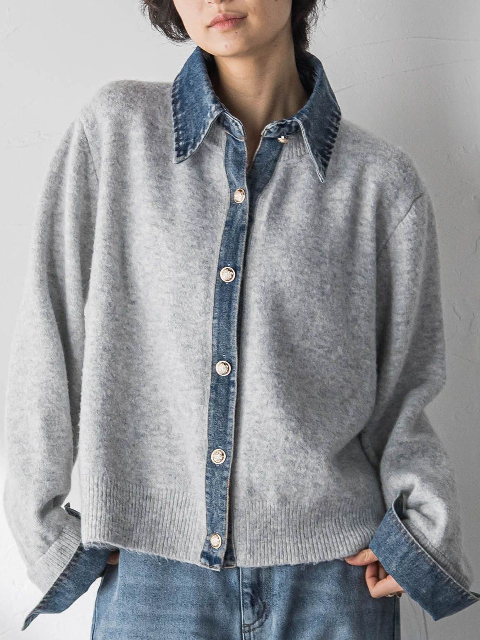 デニムレイヤード風カーディガン≪手洗い可能≫