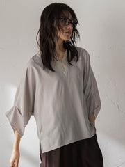 シャンブレーワイドスリーブVネックブラウス