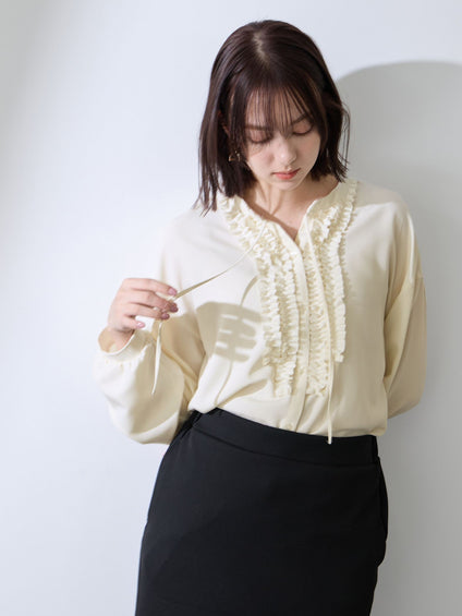 ストレッチジョーゼットミニフリルブラウス