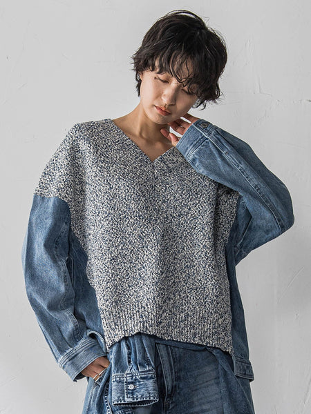 デニムドッキングVネックニットプルオーバー≪洗濯機で洗える≫