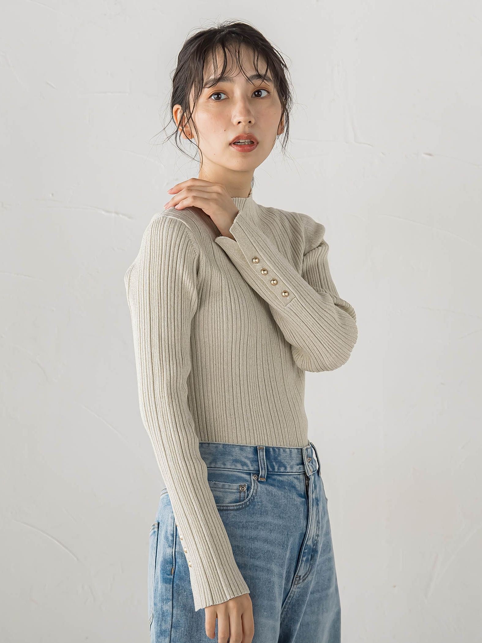 袖ボタンランダムリブニット≪手洗い可能≫