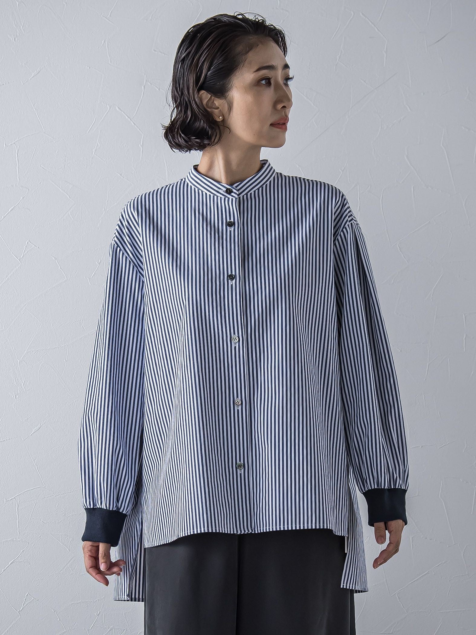 【大きいサイズ】【biyori/極】”こなれ袖がポイント”バンドカラーシャツ