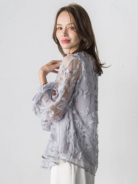 スパンコールテープチュールブラウス