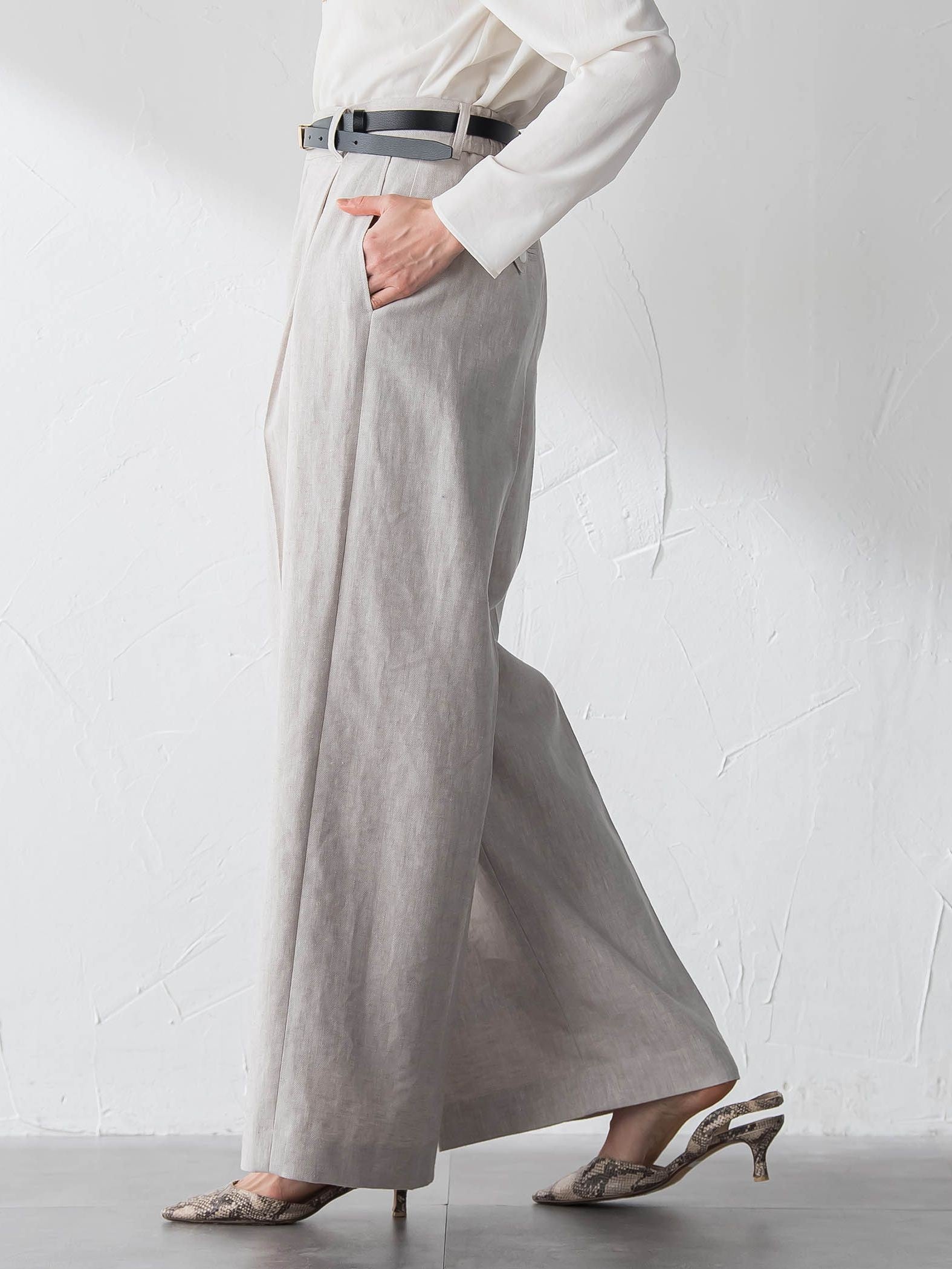 クラシックポリリネンヘリンボンパンツ