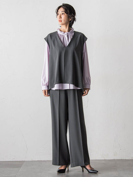 【大きいサイズ】ハイストレッチカルゼワイドパンツ