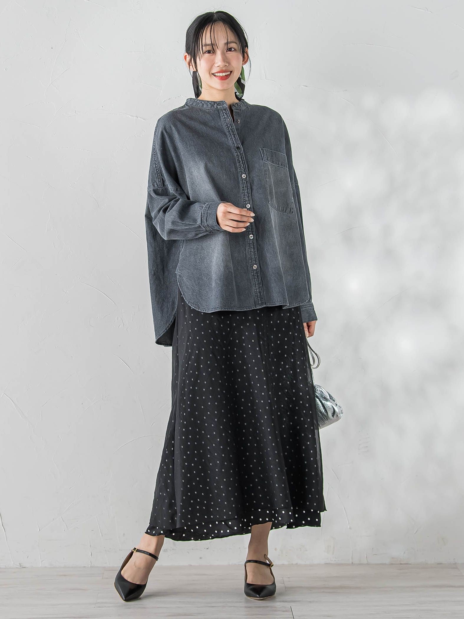 バンドカラーデニムシャツ≪洗濯機で洗える≫