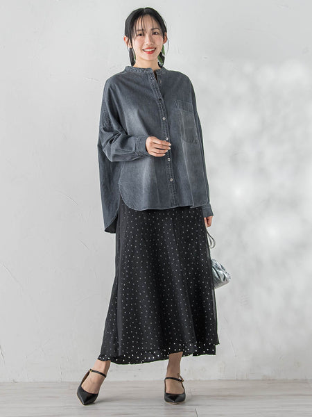 バンドカラーデニムシャツ≪洗濯機で洗える≫