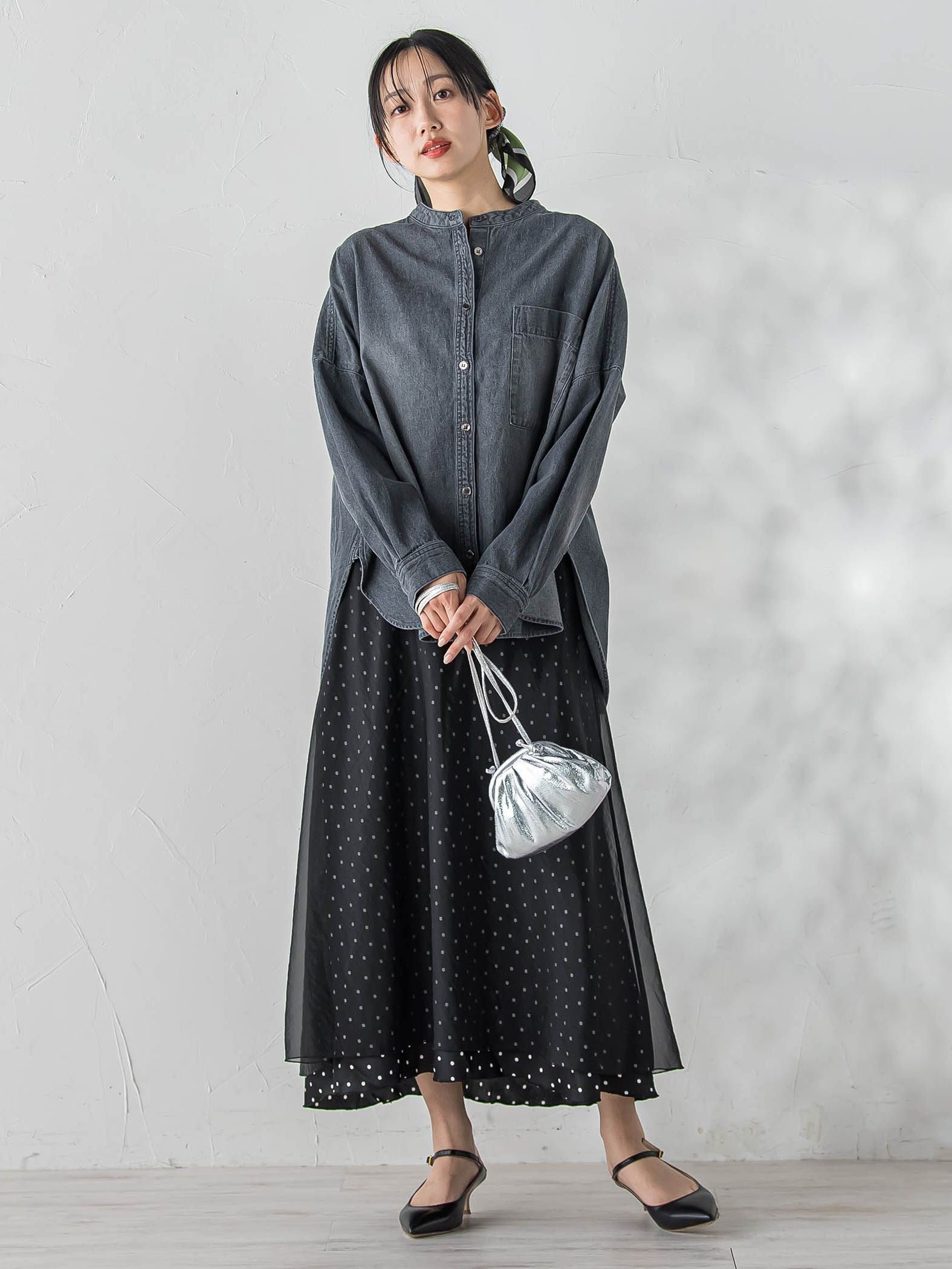 バンドカラーデニムシャツ≪洗濯機で洗える≫