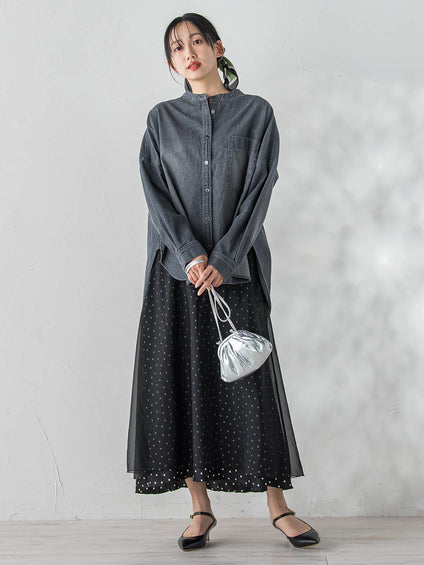 バンドカラーデニムシャツ≪洗濯機で洗える≫