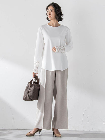 袖口レース切替カットソー