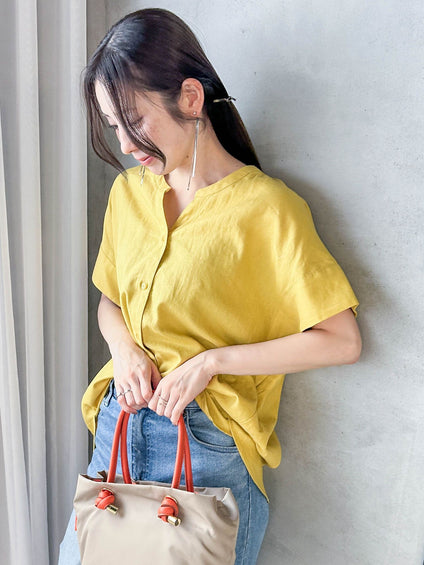 【WEB限定】レーヨンリネンポプリンVネックブラウス