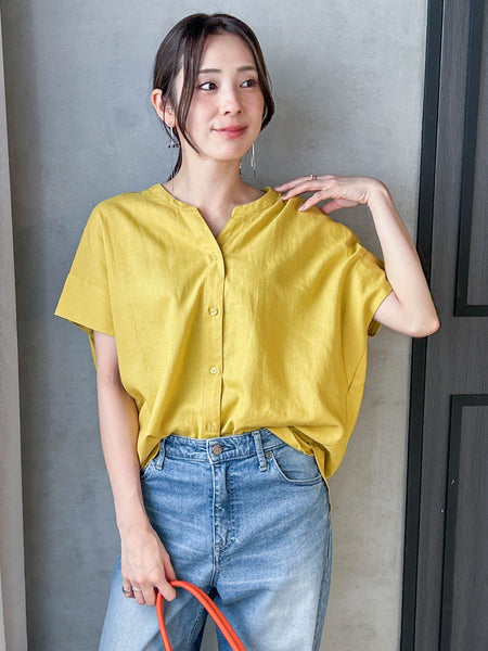 【WEB限定】レーヨンリネンポプリンVネックブラウス
