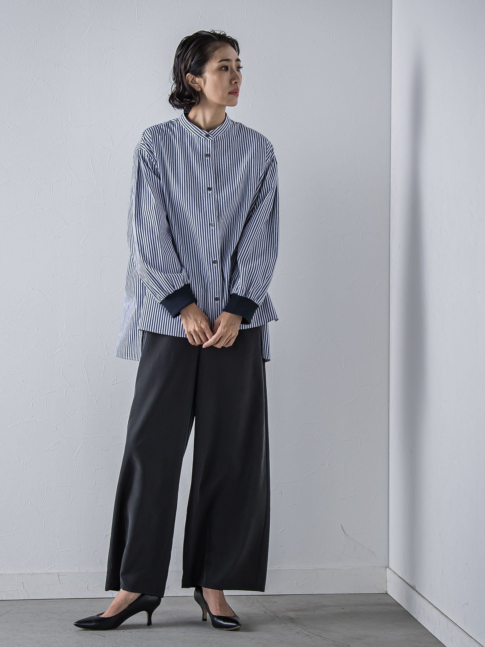 【大きいサイズ】【biyori/極】”こなれ袖がポイント”バンドカラーシャツ