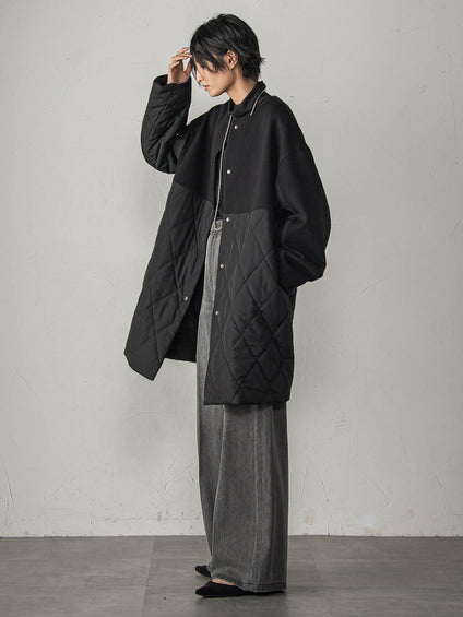 ダンボール×キルティングロングノーカラーブルゾン