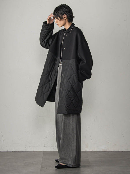 ダンボール×キルティングロングノーカラーブルゾン