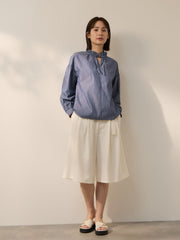 ブロードストライプフリルネックブラウス