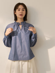 ブロードストライプフリルネックブラウス