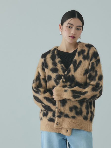 レオパードジャガードシャギーニットカーディガン