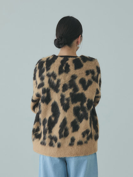 レオパードジャガードシャギーニットカーディガン