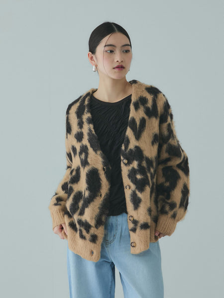 レオパードジャガードシャギーニットカーディガン