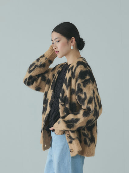 レオパードジャガードシャギーニットカーディガン