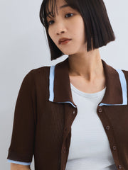 麻調配色ポロニットカーディガン≪手洗い可能≫