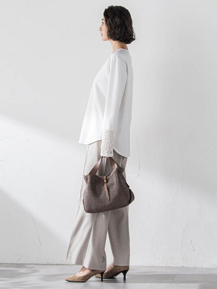 袖口レース切替カットソー