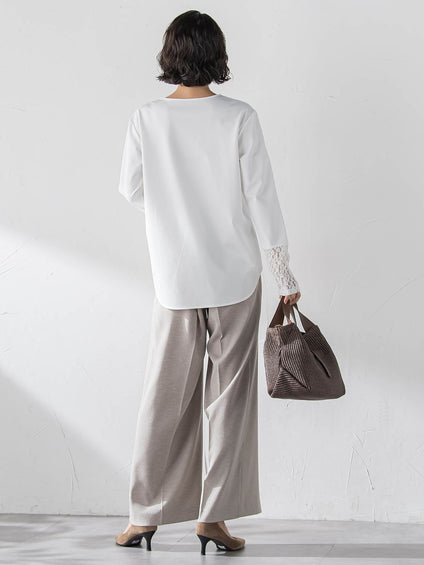 袖口レース切替カットソー