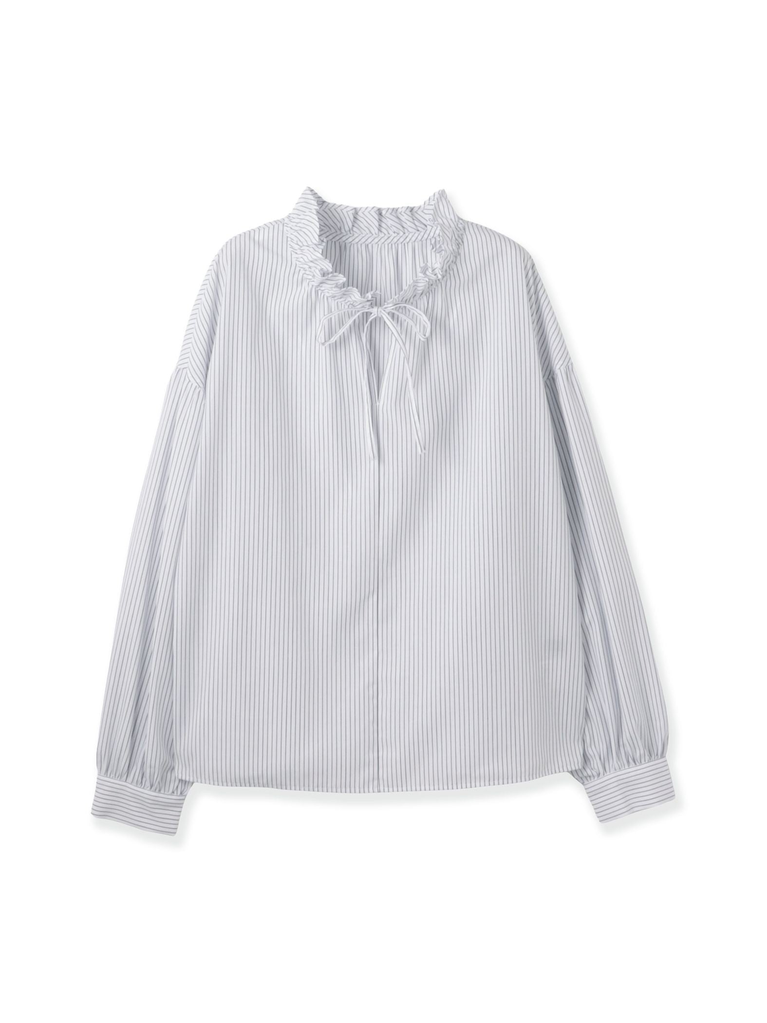 ブロードストライプフリルネックブラウス