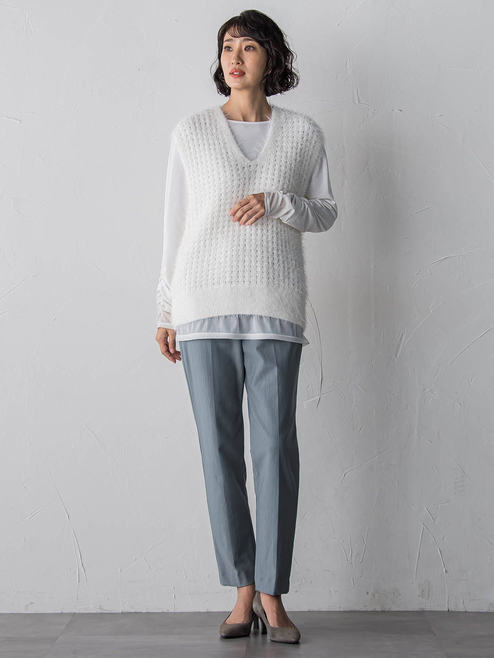 【大きいサイズ】透かしフェザーニットジレ