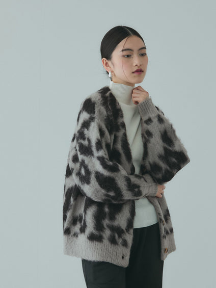 レオパードジャガードシャギーニットカーディガン