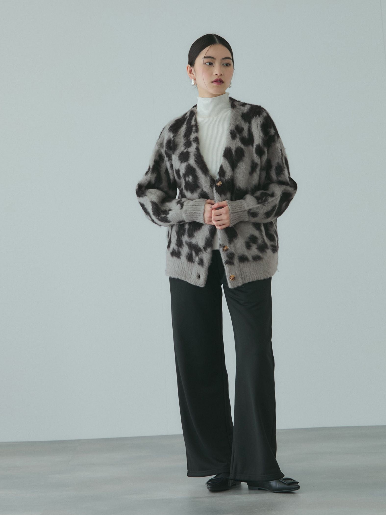 レオパードジャガードシャギーニットカーディガン