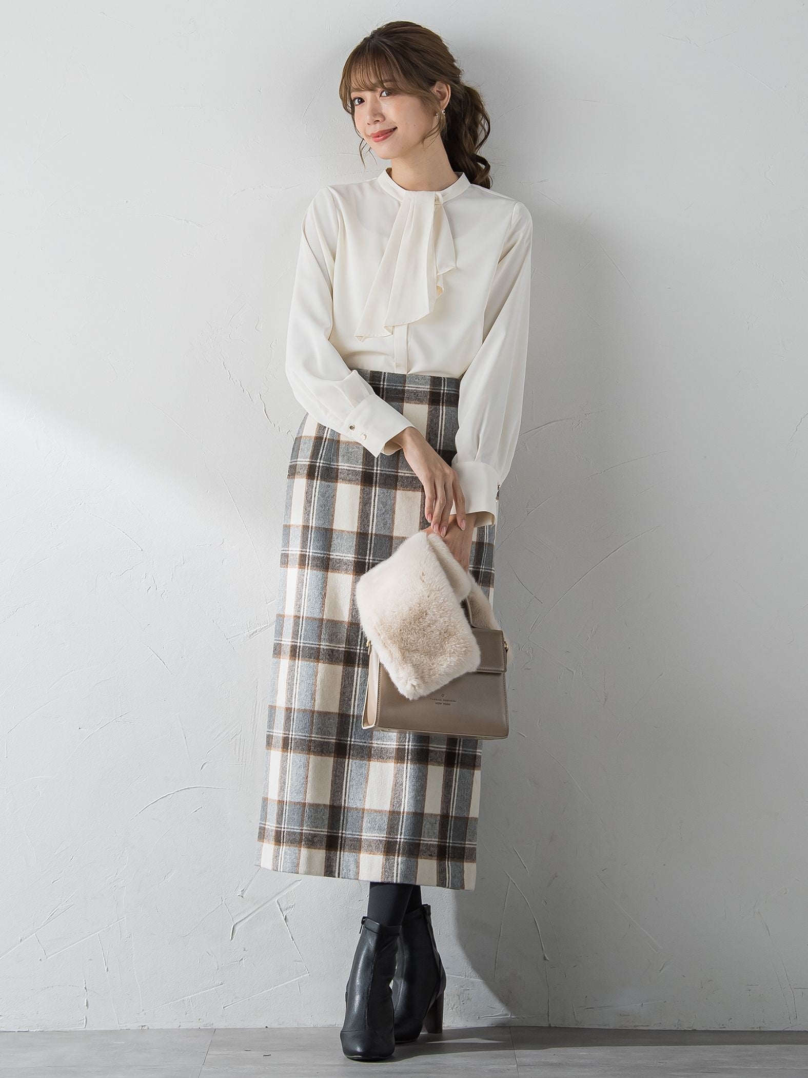 起毛シャギーチェックロングタイトスカート