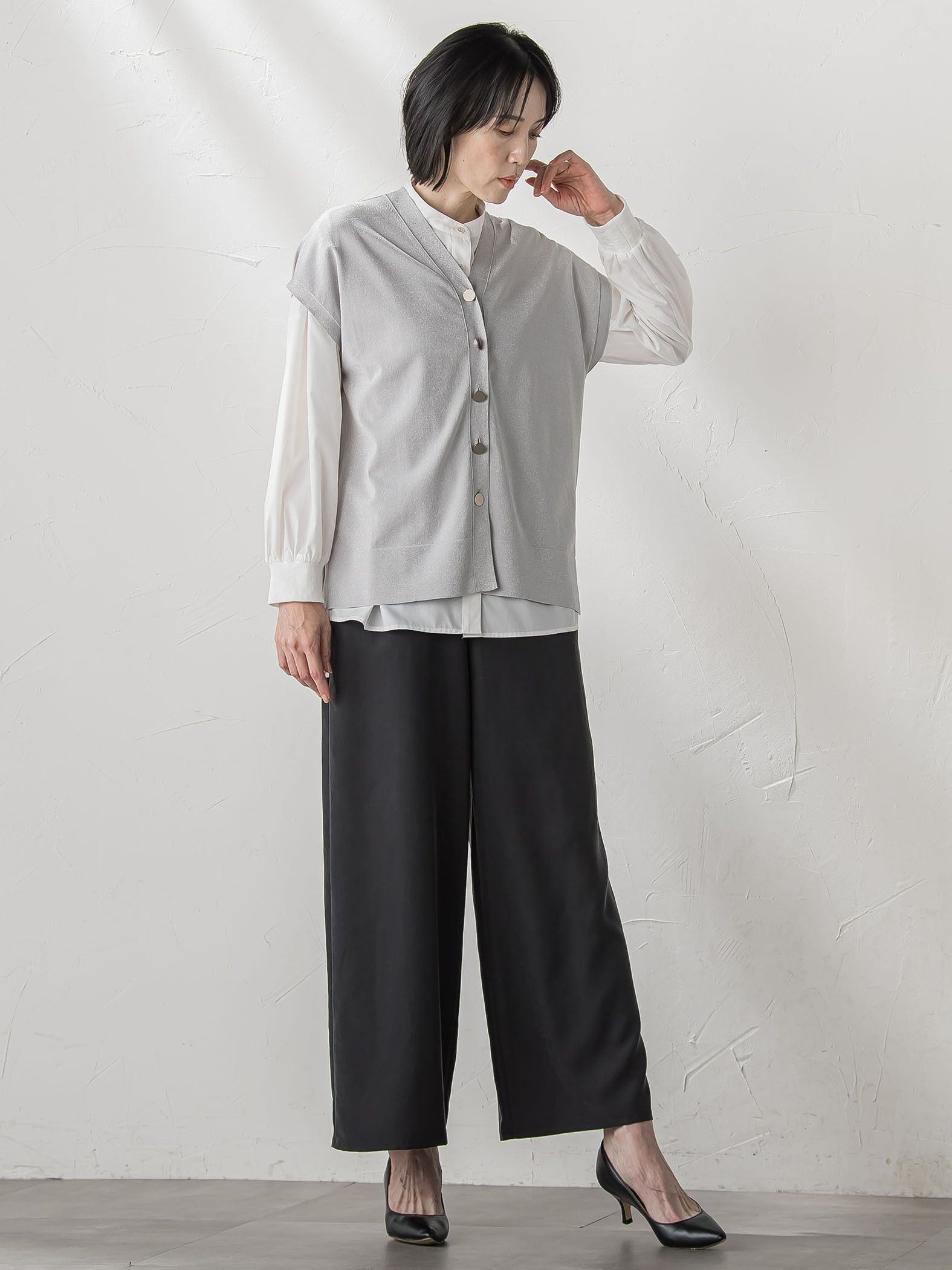 【大きいサイズ】【biyori/極】”こなれ袖がポイント”バンドカラーシャツ